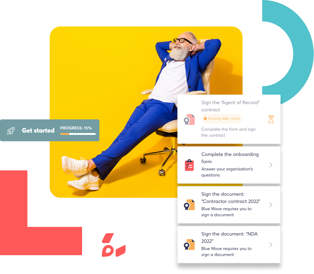 Hero image of a man relaxing and UI images of our onboarding process