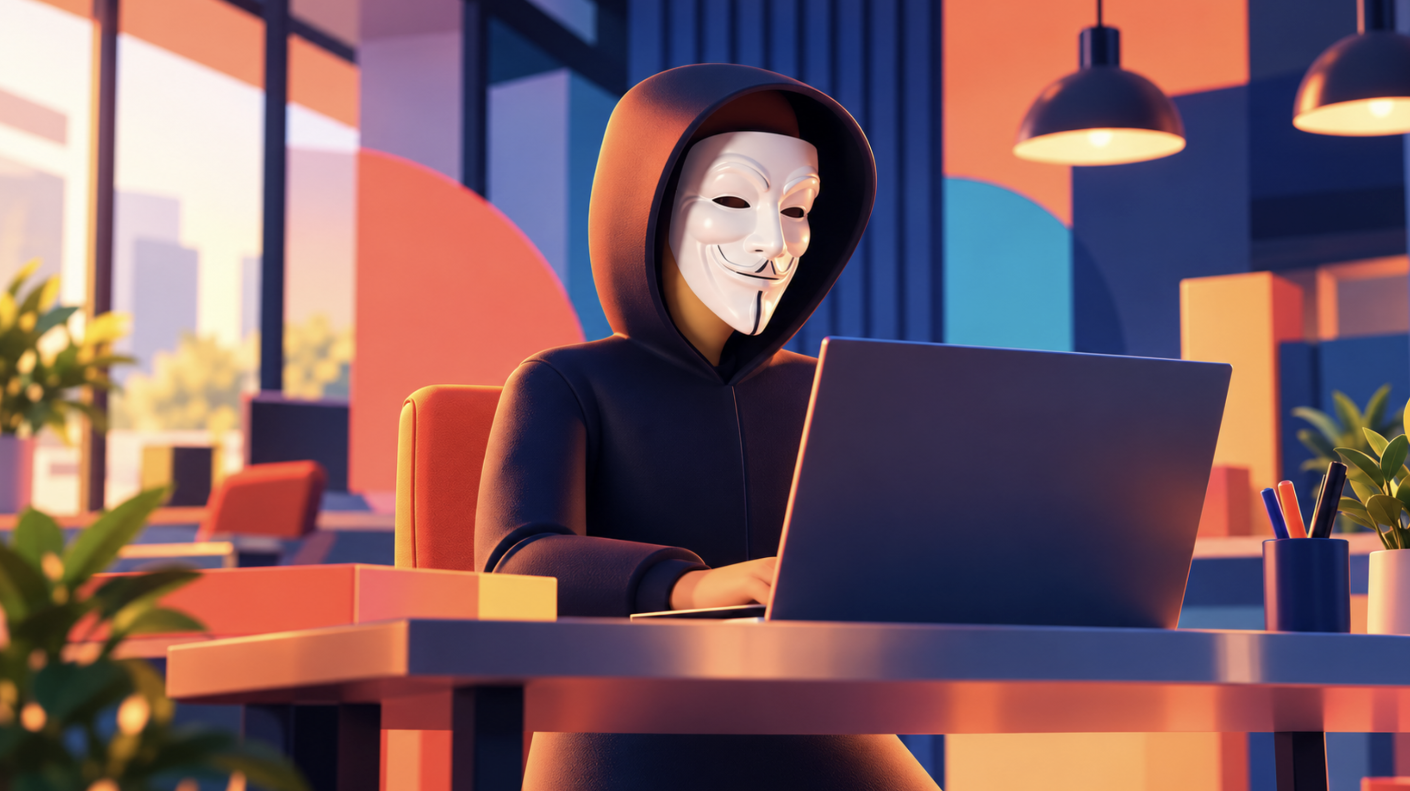 man with a mask sitting behind laptop and working