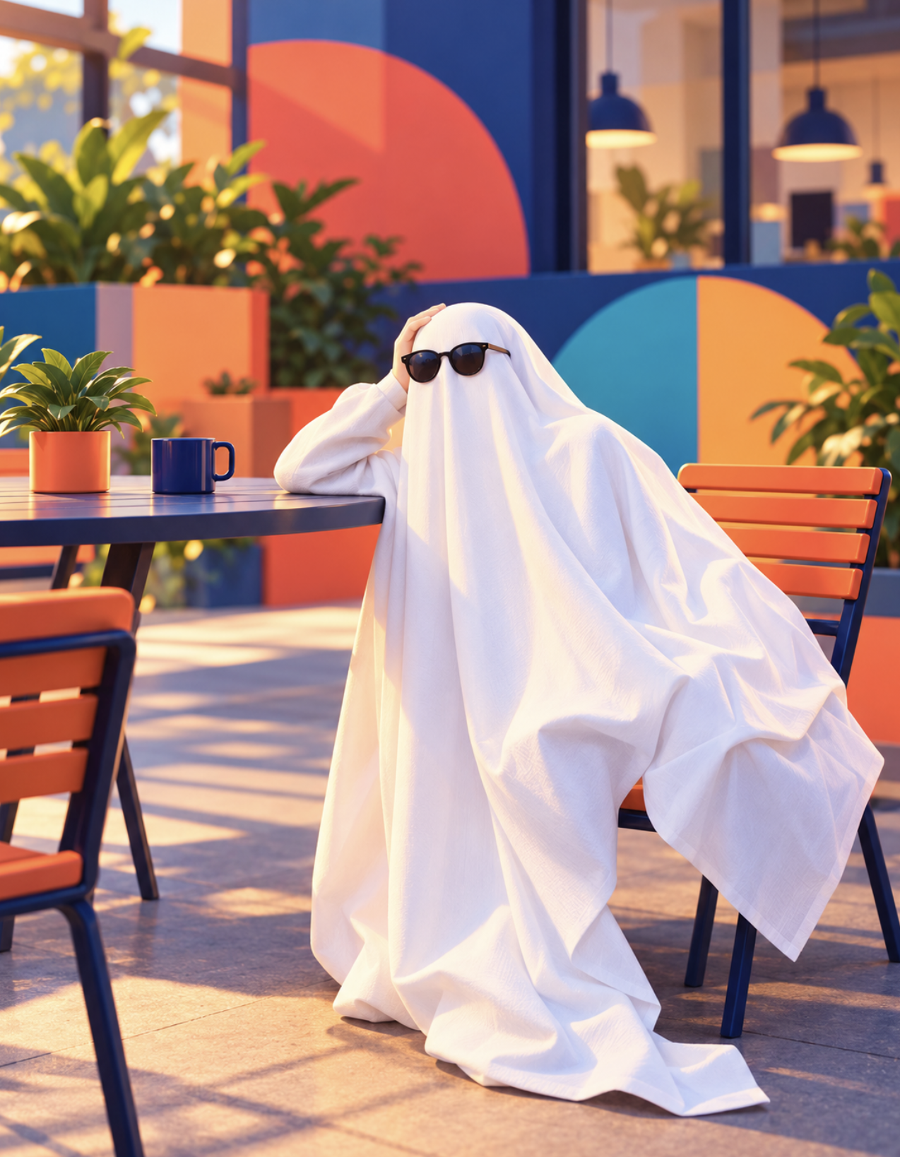 man masked as a ghost with sunglasses sitting by the table looking bored