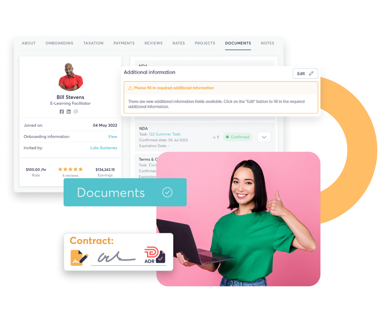 Screenshots showing how TalentDesk helps with onboarding and document signing