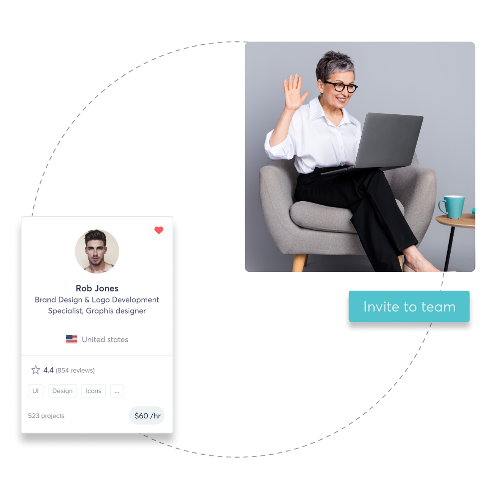 Illustration showing a freelancer profile being invited to a remote team, with a woman on a video call.