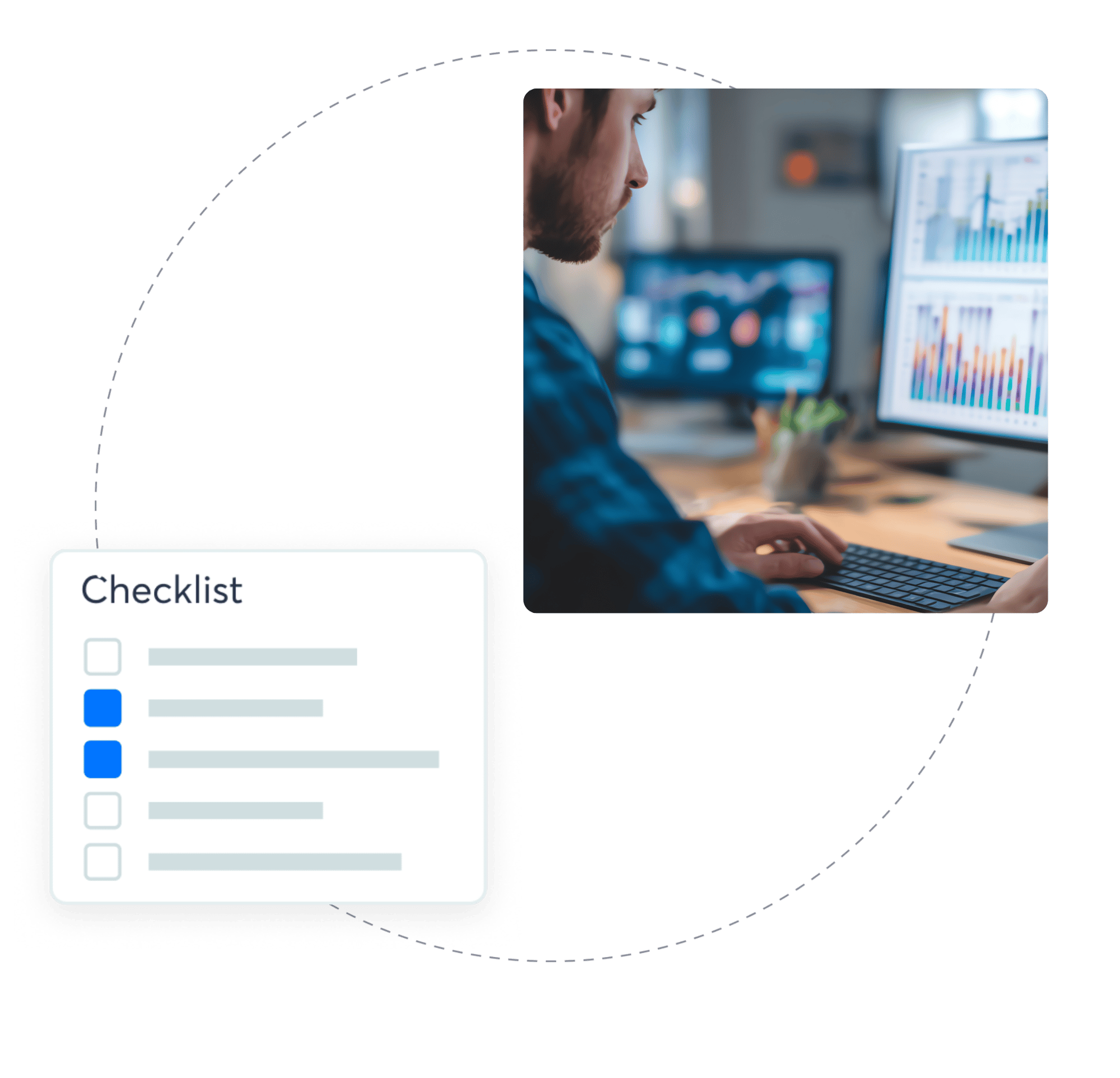 man checking KPIs on computer with a checklist