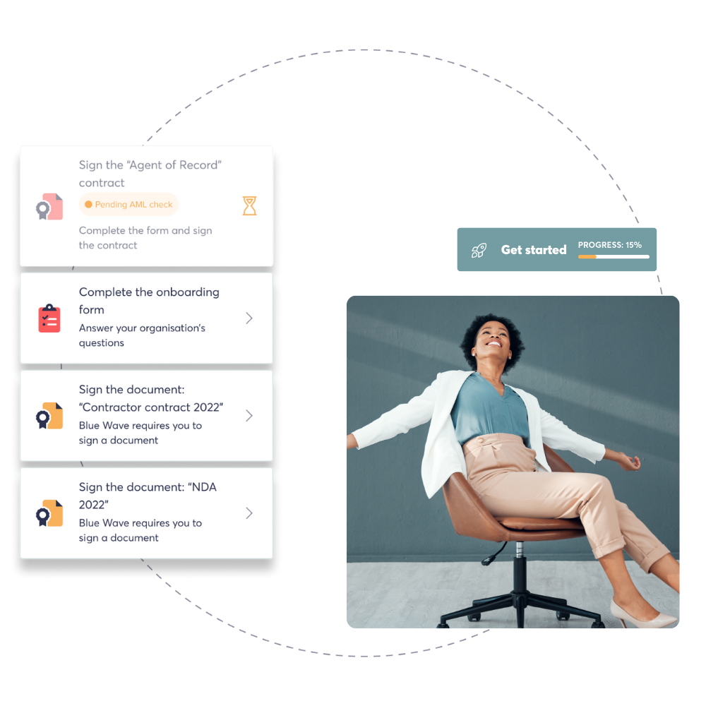“Onboarding checklist interface displayed beside a woman leaning back happily in an office chair.