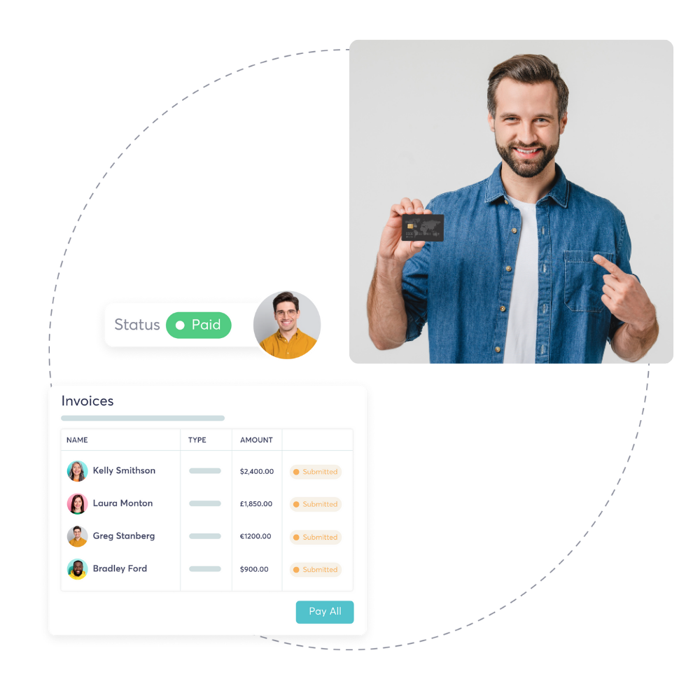 Dashboard showing invoices marked paid alongside a man holding a credit card